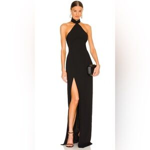 Amanda Uprichard Black Halter Gown – Backless High Slit – Elegant Evening Dress